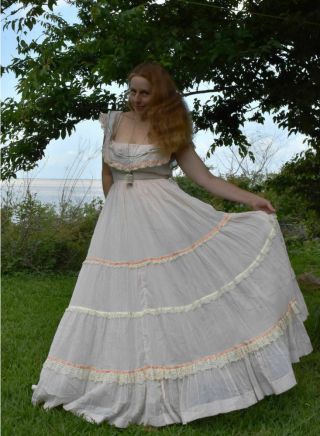Pretty In Peach Vintage Cotton Gauze Gunne Sax Hippie Princess Dress Size 11