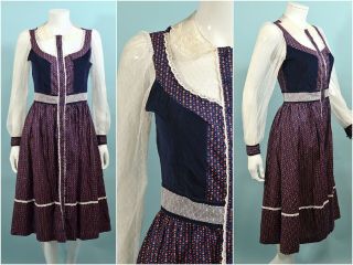 Candi Jones Prairie Dress,  Gunne Sax Style,  Cottagecore Calico Velvet Lace 26 " W