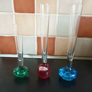 3 X Vintage Art Glass Bud Vases - Controlled Bubble Red Green Blue