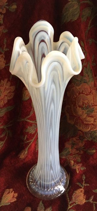 Fenton 11 And 1/2” White Opalescent Reverse Drapery Boggy Bayou Swung Vase