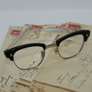 Vintage 60s Ao American Optical Browline Black Chrome Eyeglass Frame 4 1/4 46 - 22
