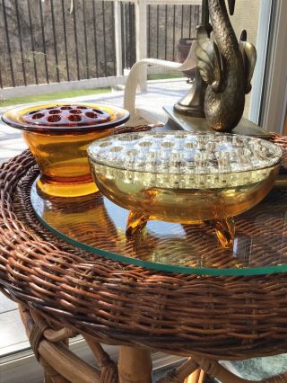Vintage Viking Glass Amber Oval Vase/bowl & Round Pedestal Dk Amber Each W Frog