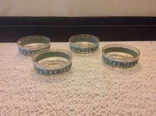 4 Vintage Jeanette Glass Hellenic Green Wedgewood Nappy Nut Bowls Gold 4 - 1/2 "
