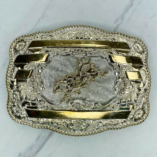 Crumrine Silver And Gold Tone Vintage Signed Large Rodeo Bull Riding Belt Buckle