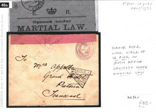 GB S.  Africa BOER WAR Cover 1d Pink CENSOR MARTIAL LAW EVII Label 1901 40a.  8 3