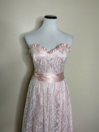 Vtg Gunne Sax Dress Pink White Lace Size 9 Sweetheart Neck Full Skirt Boning