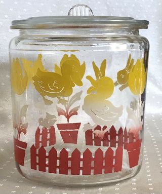 Vintage Glass Candy Cookie Jar Lidded Ducks Lambs Bunnies Picket Fence Flowers