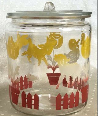 Vintage Glass Candy Cookie Jar Lidded Ducks Lambs Bunnies Picket Fence Flowers 2