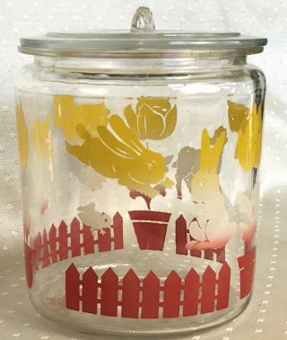 Vintage Glass Candy Cookie Jar Lidded Ducks Lambs Bunnies Picket Fence Flowers 3