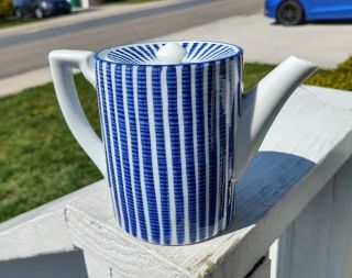 Vintage Retro Mid Century Modern Blue And White Striped Teapot/coffee Pot