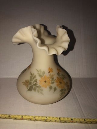 Vase Fenton Custard Glass 7 " Hand Painted Wide Flowers Signed Satin Ruffled