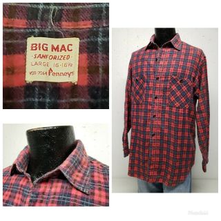 Vtg 50s Penneys Big Mac Sanforized Red Plaid Flannel Work Shirt L Usa