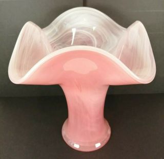 Large Art Glass Wavy Edge Vase Pink White Swirl
