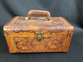Antique Cheney Hand Tooled Leather Mexican Jewelry Makeup Train Travel Case