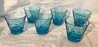 Set Of 6 Mid Century Hazel Atlas Turquoise Capri Dot Flared Whiskey Glasses 3”