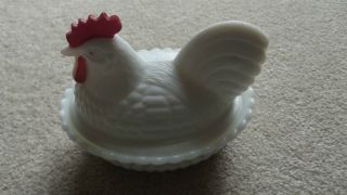 Vintage Milk Glass Hen On Nest Lidded Dish