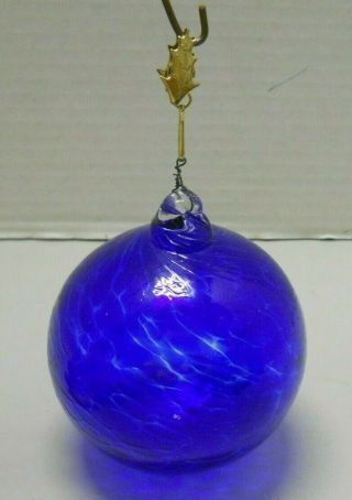 Cobalt Blue Swirl Spotted Hand Blown Art Glass Ornament Witch Ball W/ Clip On
