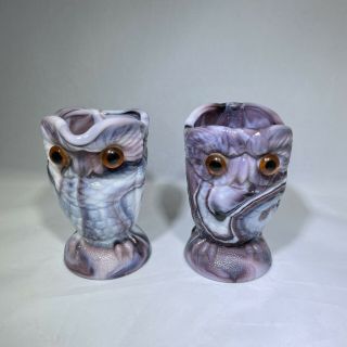 Vintage Imperial Glass Purple Slag Owl Creamer & Sugar Glass Eyes And Sticker