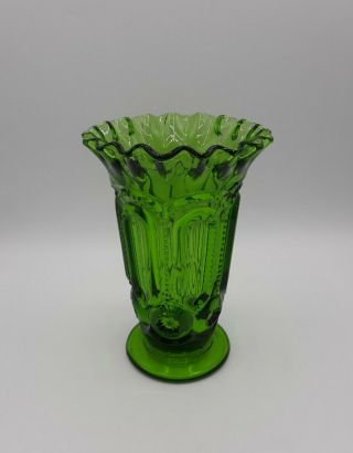 Vintage Le Smith Green Moon And Stars Crimped Vase 6.  5 "