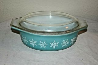 Vintage Pyrex 1 1/2 Qt 043 Turquoise Snowflake Casserole W Lid Ex Cond Usa