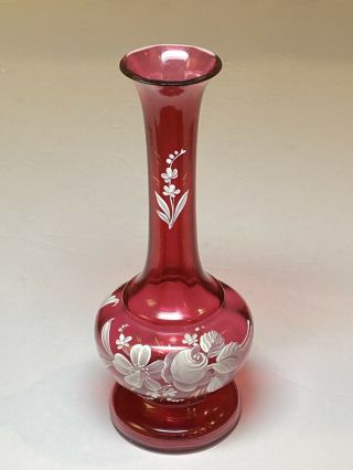 Vintage Ruby Red Bud Vase Hand Moriage Painted 7 1/4 " Tall