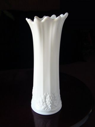Large 13 " Tall Vintage Westmoreland Milk Glass Paneled Grape Scalloped Swung Vase
