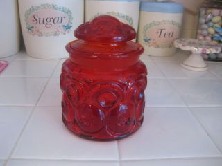 Vintage L.  E.  Smith Red Amberina Moon And Stars Glass Canister With Lid