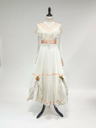 Vtg 1970s 80s Gunne Sax Victorian Mesh Lace Antebellum Dress S