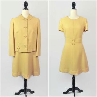 Vtg 60s Mod Dress Set Pan Collar Jacket Suit Large Space Age Fit Flare Yellow