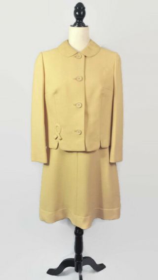 VTG 60s Mod Dress Set Pan Collar Jacket Suit Large Space Age Fit Flare Yellow 2