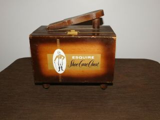 Vintage Shoeshine Wood Box Esquire Shoe Care Chest