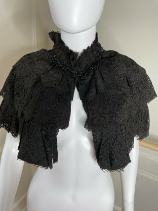 Antique Victorian Jet Bead Cape Blouse Lace Opera Mourning Vintage Silk Brocade