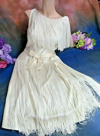 Vintage Designer Satin Silk Fringe Flapper Dress Gatsby Art Deco Couture