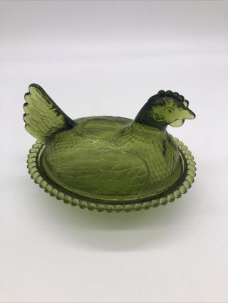 Vintage Indiana Olive Green Glass “hen On The Nest” Covered Dish