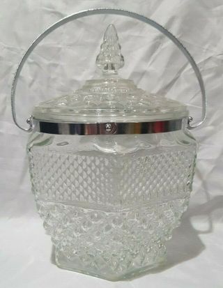 Ice Bucket Or Cookie Jar With Lid & Chrome Handle Vintage Wexford Diamond Glass