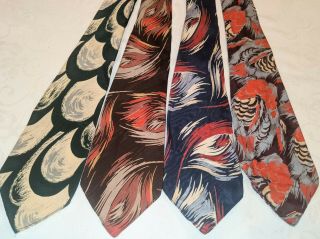 4 Cheney Cravats 1940s 1950s Game Birds Bird Plumage Tie Cravat Vtg
