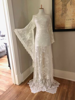 Vintage Art Deco Draped Sheer Lace Boho Hippie Bell Sleeve Wedding Maxi Dress