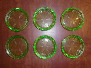 Set Of 6 Vintage Green Depression Glass Drink Coasters Scalloped Rims