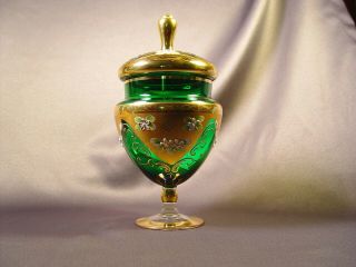 Vintage Bohemian Art Glass Footed Candy Dish With Lid Green & Gold