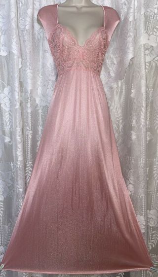 Vtg Rare Xl Olga Carnation Pink Nylon Nightgown Negligee Gown 98680