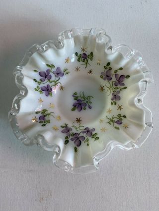 Fenton Milk Glass Silver Crest Violets In Snow Ruffled Candy Dish Hand Painted