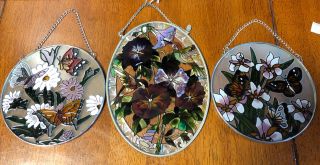 Set Of 3 Stained Glass - Sun Catcher - Flowers Butterflies Hummingbird