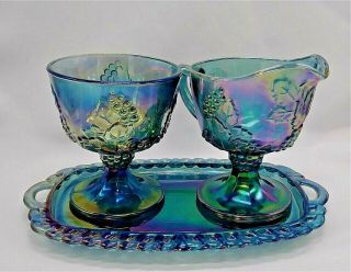 Vintage Indiana Blue Carnival Glass Cream And Sugar With Tray Set,  Harvest Grape