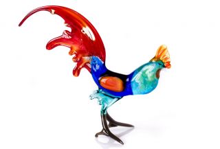 Rooster Blue,  Red Figurine Blown Glass Art Sculpture.  Made In Russia