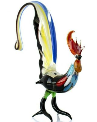 Rooster Black,  Clear Figurine Blown Glass Art Sculpture.  Made In Russia