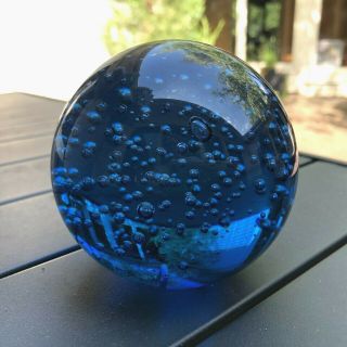 Vintage ? Art Glass Paperweight Cobalt Blue Controlled Bubble 3.  25 "