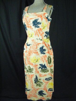 Vtg 40 - 50s Vibrate Khaki Multi - Colored Leave Printed Summer Dress - Bust 34/xs