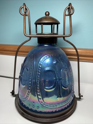 Glass Blue Iridescent Candle Holder Light Lantern With Bronze Color Metal 11”