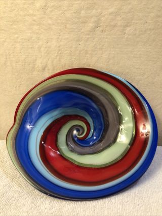 Vtg Murano Art Glass Bowl Dish Blue Green Aventurine Swirl Stripe
