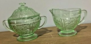 Vintage Federal Glass Sharon Cabbage Rose Creamer And Sugar Bowl With Lid Green